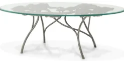 Casa Padrino Luxus Couchtisch Vintage Messing 130 x 70 x H. 46 cm - Ovaler Aluminium Wohnzimmertisch mit Glasplatte - Luxus Möbel - Wohnzimmer Möbel - Luxus Einrichtung