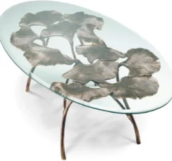 Casa Padrino Luxus Couchtisch Vintage Messing 130 x 70 x H. 46 cm - Ovaler Aluminium Wohnzimmertisch mit Glasplatte - Luxus Möbel - Wohnzimmer Möbel - Luxus Einrichtung