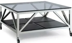 Casa Padrino Luxus Couchtisch Silber / Schwarz 100 x 100 x H. 50 cm - Quadratischer Wohnzimmertisch mit Rauchglasplatte und Rollen