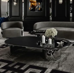 Casa Padrino Luxus Couchtisch Schwarz / Silber 150 cm - Ovaler Wohnzimmertisch - Hotel Möbel - Wohnzimmer Möbel - Luxus Möbel - Luxus Interior