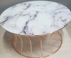 Casa Padrino Luxus Couchtisch Kupferfarben / Weiß Ø 90 x H. 45 cm - Runder Wohnzimmertisch mit Marmorplatte - Wohnzimmer Möbel