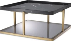 Casa Padrino Luxus Couchtisch Messingfarben / Schwarz / Grau 58 x 58 x H. 27,5 cm - Moderner Edelstahl Wohnzimmertisch mit Marmorplatte und getönter Glasplatte - Luxus Möbel