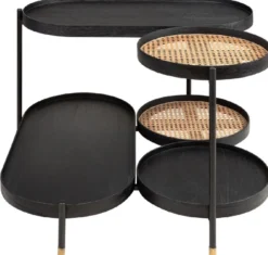 Casa Padrino Luxus Couchtisch Schwarz / Naturfarben / Messing 82,8 x 83,5 x H. 53 cm - Mindiholz & Rattan Wohnzimmertisch mit Stahl Gestell - Wohnzimmer Möbel - Luxus Möbel - Luxus Einrichtung