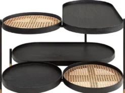 Casa Padrino Luxus Couchtisch Schwarz / Naturfarben / Messing 82,8 x 83,5 x H. 53 cm - Mindiholz & Rattan Wohnzimmertisch mit Stahl Gestell - Wohnzimmer Möbel - Luxus Möbel - Luxus Einrichtung