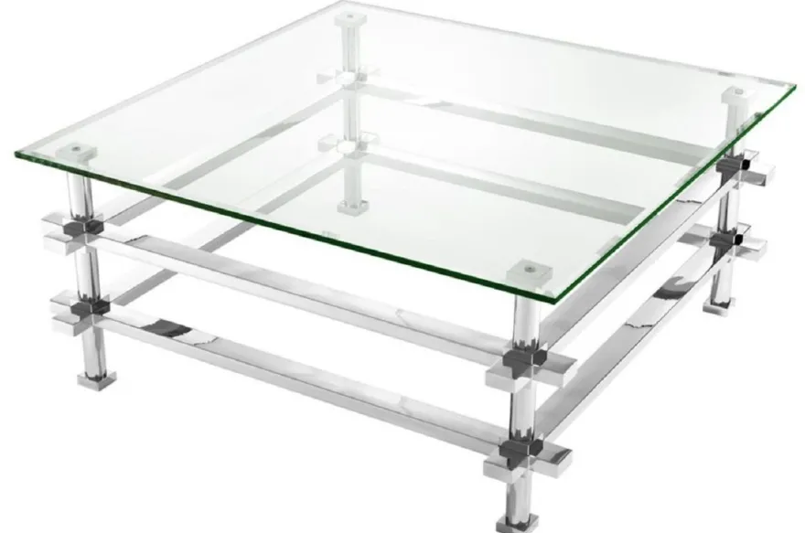 Casa Padrino Luxus Couchtisch Silber 100 x 100 x H. 45,5 cm - Edelstahl Wohnzimmertisch mit Glasplatte