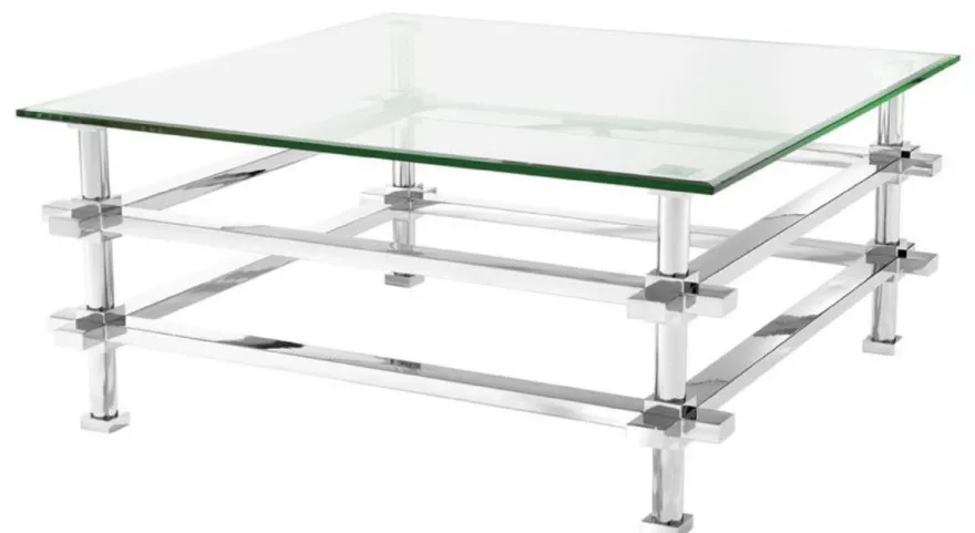Casa Padrino Luxus Couchtisch Silber 100 x 100 x H. 45,5 cm - Edelstahl Wohnzimmertisch mit Glasplatte