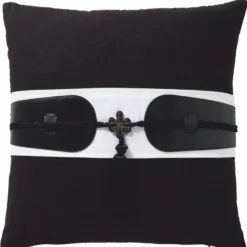 Casa Padrino Luxus Deko Baumwoll Kissen mit Leder Applikationen Schwarz / Weiß 50 x 50 cm