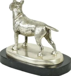 Casa Padrino Luxus Deko Bronzefigur Bullterrier Hund Silber / Schwarz 19 x 10 x H. 15 cm - Bronze Skulptur mit Marmorsockel - Dekofigur - Deko Accessoires