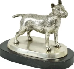 Casa Padrino Luxus Deko Bronzefigur Bullterrier Hund Silber / Schwarz 19 x 10 x H. 15 cm - Bronze Skulptur mit Marmorsockel - Dekofigur - Deko Accessoires