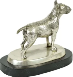 Casa Padrino Luxus Deko Bronzefigur Bullterrier Hund Silber / Schwarz 19 x 10 x H. 15 cm - Bronze Skulptur mit Marmorsockel - Dekofigur - Deko Accessoires