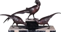 Casa Padrino Luxus Deko Bronzefiguren 3 Fasane Bronze / Schwarz / Weiß 84 x 20 x H. 42 cm - Dekofiguren mit Marmorsockel