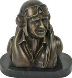 Casa Padrino Luxus Deko Bronze Büste mit Marmorsockel Pilot Bronze / Schwarz 19 x 11 x H. 19 cm - Bronze Skulptur Pilot - Bronze Figur Pilot - Dekofigur Pilot - Schreibtisch Deko Accessoires