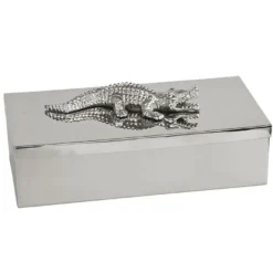 Casa Padrino Luxus Deko Dose Silber 30 x 15 x H. 9 cm - Schatulle mit Krokodil auf dem Deckel