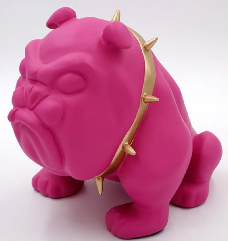 Casa Padrino Luxus Deko Figur Hund Bulldogge mit Halskette Rosa / Gold H. 55 cm - Kunstharz Deko Skulptur - Wohnzimmer Deko - Luxus Deko Tierfigur