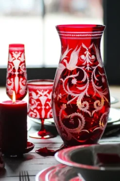 Casa Padrino Luxus Deko Glas Vase Rot / Silber Ø 14 x H. 30 cm - Handgefertigte und handgravierte Blumenvase - Hotel & Restaurant Accessoires - Luxus Qualität