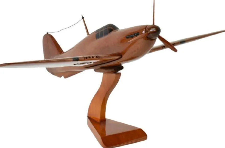Casa Padrino Luxus Deko Jagdflugzeug Hawker Hurricane Braun / Schwarz 44 x 35 x H. 20 cm - Holz Flugzeug mit Ständer - Propellerflugzeug - Modellflugzeug - Schreibtisch Deko - Deko Accessoires