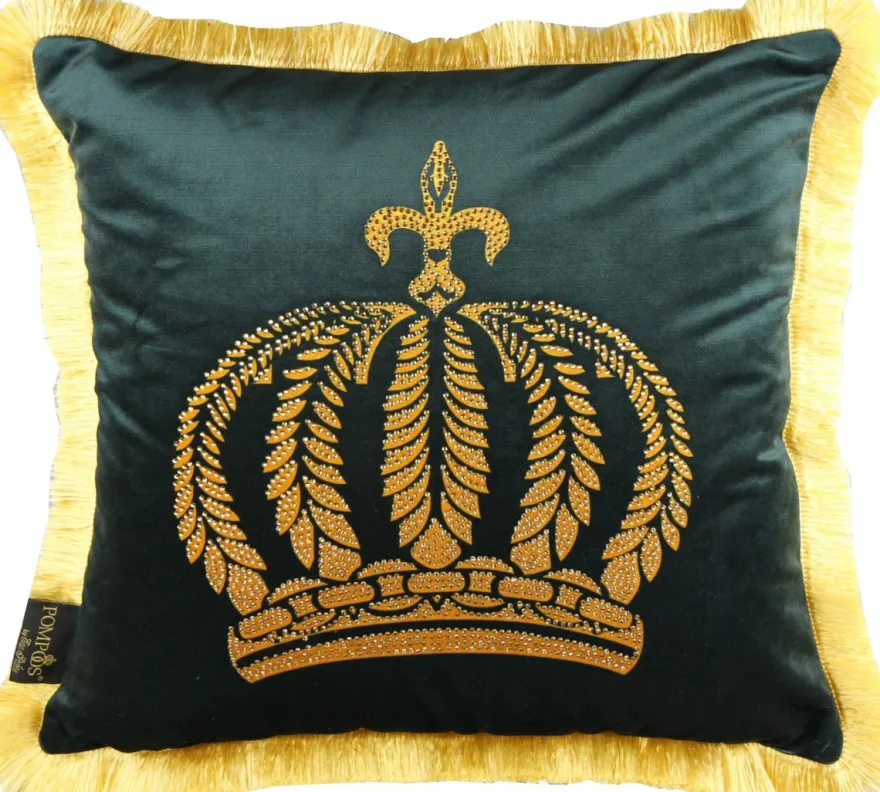 Casa Padrino Luxus Dekokissen Pompöös by Harald Glööckler Dunkelgrün / Gold mit Krone und Strass Steinen 50 x 50 cm