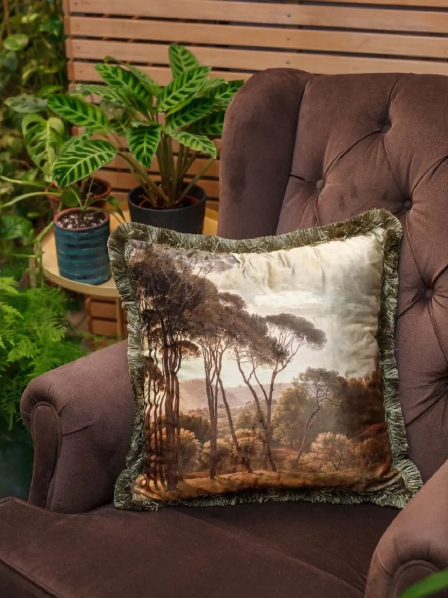 Casa Padrino Luxus Deko Kissen Landschaft Mehrfarbig / Grün 45 x 45 cm - Bedrucktes Samt Kissen mit Fransen - Luxus Kollektion
