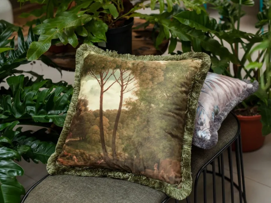 Casa Padrino Luxus Deko Kissen Landschaft Mehrfarbig / Grün 45 x 45 cm - Bedrucktes Samt Kissen mit Fransen - Luxus Kollektion