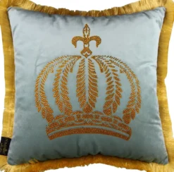 Casa Padrino Luxus Dekokissen Pompöös by Harald Glööckler Helltürkis / Gold mit Krone und Strass 50 x 50 cm
