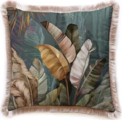 Casa Padrino Luxus Deko Kissen Sträucher Mehrfarbig / Braun 45 x 45 cm - Bedrucktes Samt Kissen mit Fransen - Luxus Deko Accessoires