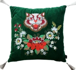 Casa Padrino Luxus Deko Kissen mit Troddeln Cat Grün / Weiß 45 x 45 cm - Feinster Samtstoff - Wohnzimmer Kissen