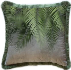 Casa Padrino Luxus Deko Kissen Palmenblätter Grau / Grün 45 x 45 cm - Bedrucktes Samt Kissen mit Fransen - Luxus Deko Accessoires