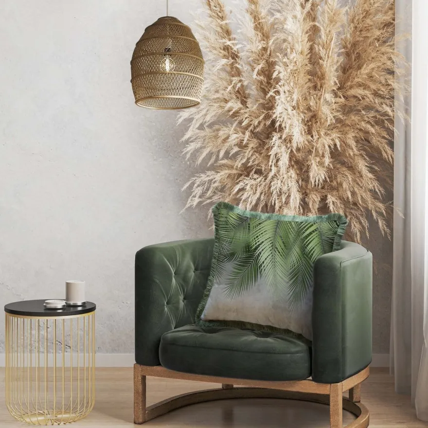 Casa Padrino Luxus Deko Kissen Palmenblätter Grau / Grün 45 x 45 cm - Bedrucktes Samt Kissen mit Fransen - Luxus Deko Accessoires