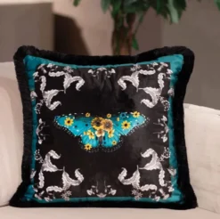 Casa Padrino Luxus Deko Kissen Schmetterling & Blumen Mehrfarbig / Schwarz 45 x 45 cm - Bedrucktes Samt Kissen mit Fransen - Luxus Deko Accessoires