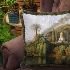 Casa Padrino Luxus Deko Kissen Landschaft Mehrfarbig / Grün 45 x 45 cm - Bedrucktes Samt Kissen mit Fransen - Luxus Deko Accessoires