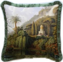 Casa Padrino Luxus Deko Kissen Landschaft Mehrfarbig / Grün 45 x 45 cm - Bedrucktes Samt Kissen mit Fransen - Luxus Deko Accessoires