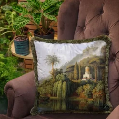 Casa Padrino Luxus Deko Kissen Landschaft Mehrfarbig / Grün 45 x 45 cm - Bedrucktes Samt Kissen mit Fransen - Luxus Deko Accessoires