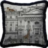 Casa Padrino Luxus Deko Kissen prunkvolles Haus & Tiere Grau / Mehrfarbig / Schwarz 45 x 45 cm - Bedrucktes Samt Kissen mit Fransen - Luxus Deko Accessoires