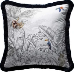 Casa Padrino Luxus Deko Kissen Dschungel & Tiere Grau / Mehrfarbig / Schwarz 45 x 45 cm - Bedrucktes Samt Kissen mit Fransen - Luxus Deko Accessoires
