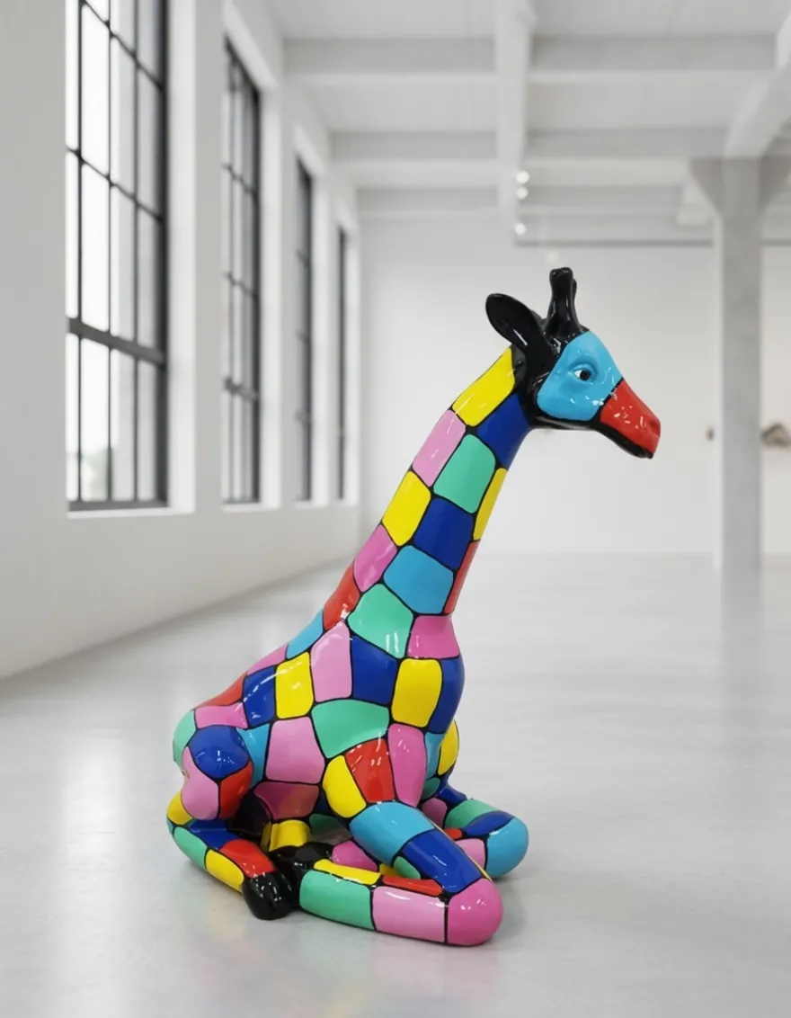 Casa Padrino Luxus Deko Skulptur Giraffe Bunt Sitzend H. 80 cm - Deko Skulptur - Deko Figur - Tierfigur - Gartendeko