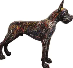 Casa Padrino Luxus Deko Skulptur Hund Dogge Schwarz / Bunt 125 x H. 110 cm - Lebensgroße Deko Figur - XXL Deko Skulptur - XXL Deko Figur - Wohnzimmer Deko - Garten Deko - Luxus Deko XXL Figuren