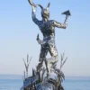 Casa Padrino Luxus Deko Skulptur Pan Silber 125 x 126 x H. 295 cm - Riesige Edelstahl Skulptur - Riesige Garten Deko Figur - Garten Skulpturen - Metall Skulpturen