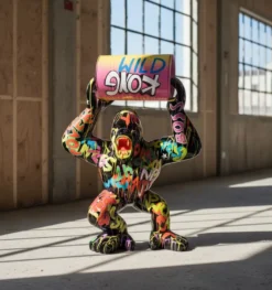 Casa Padrino Luxus Deko Skulptur Affe Kong Wütende Gorilla Metallfass H. 250 cm - Riesige Gartenskulptur - Lebensgroße Skulptur - XXL Deko Skulptur - XXL Deko Figur