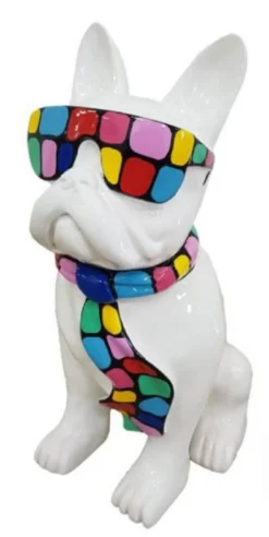 Casa Padrino Luxus Deko Skulptur Hund Bulldogge Weiß / Mehrfarbig H. 80 cm - Große Deko Figur - XXL Deko Skulptur - XXL Deko Figur - Wohnzimmer Deko - Garten Deko - Luxus Deko XXL Figuren