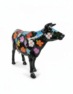 Casa Padrino Luxus Deko Skulptur Kuh Schwarz Bunte Blumen H. 155 cm - Riesige Gartenskulptur - Lebensgroße Skulptur - XXL Deko Skulptur - XXL Deko Figur