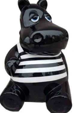 Casa Padrino Luxus Deko Skulptur Nilpferd Schwarz / Weiß H. 100 cm - Große Deko Figur - XXL Deko Skulptur - XXL Deko Figur - XXL Tierfigur - Wohnzimmer Deko - Garten Deko - Deko XXL Figuren