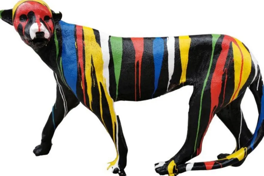 Casa Padrino Luxus Deko Skulptur Gepard Schwarz / Mehrfarbig H. 135 x H. 85 cm - Große Deko Figur - XXL Deko Skulptur - XXL Deko Figur - Wohnzimmer Deko - Garten Deko - Luxus Figuren