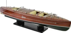 Casa Padrino Luxus Deko Speedboot Typhoon mit Massivholz Ständer Braun / Grün 95 x 22 x H. 23 cm - Handgefertigtes Deko Boot - Holzboot - Modellboot - Rennboot - Wohnzimmer Deko Accessoires