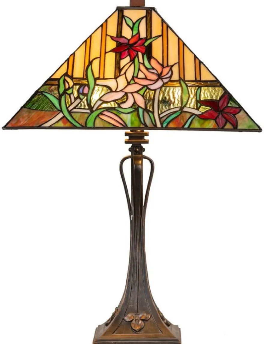 Casa Padrino Luxus Deko Tiffany Tischleuchte Braun / Mehrfarbig 40 x 40 x H. 62 cm - Tiffany Lampe mit Blumendesign und handgefertigtem Glas Lampenschirm