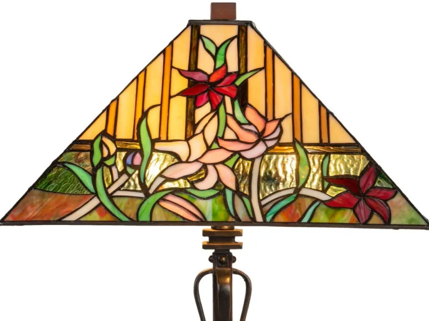 Casa Padrino Luxus Deko Tiffany Tischleuchte Braun / Mehrfarbig 40 x 40 x H. 62 cm - Tiffany Lampe mit Blumendesign und handgefertigtem Glas Lampenschirm