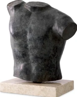 Casa Padrino Luxus Deko Torso Skulptur Antik Bronze / Beige 38 x 23 x H. 48 cm - Metall Deko Figur mit Marmorsockel - Wohnzimmer Deko - Schreibtisch Deko - Büro Deko - Deko Accessoires