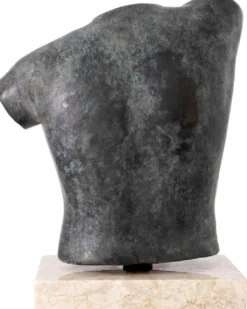 Casa Padrino Luxus Deko Torso Skulptur Antik Bronze / Beige 38 x 23 x H. 48 cm - Metall Deko Figur mit Marmorsockel - Wohnzimmer Deko - Schreibtisch Deko - Büro Deko - Deko Accessoires