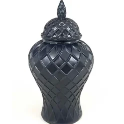 Casa Padrino Luxus Deko Vase Schwarz Ø 28 x H. 52 cm - Große Vase mit Deckel und Rautenrelief