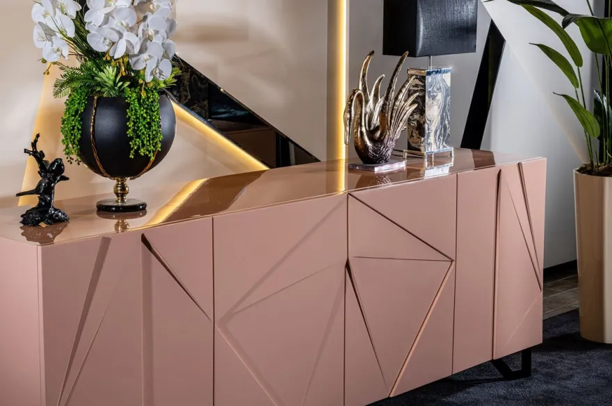 Casa Padrino Luxus Designer Sideboard Rosa / Schwarz 220 x 50 x H. 88 cm - Massivholz Schrank mit 4 Türen - Esszimmer Möbel - Hotel Möbel - Designer Möbel - Luxus Möbel