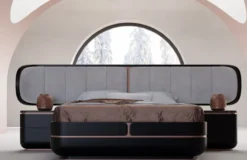 Casa Padrino Luxus Doppelbett Grau / Schwarz / Kupfer 330 x 215 x H. 120 cm - Massivholz Bett mit gepolstertem Kopfteil - Schlafzimmer Möbel - Hotel Möbel - Luxus Möbel